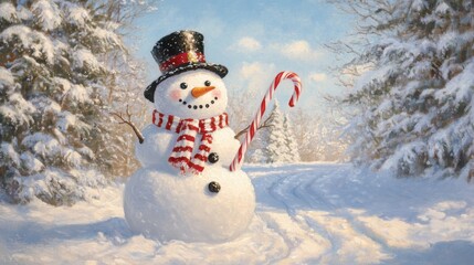 Obraz premium Snowman in snowy landscape with candy cane