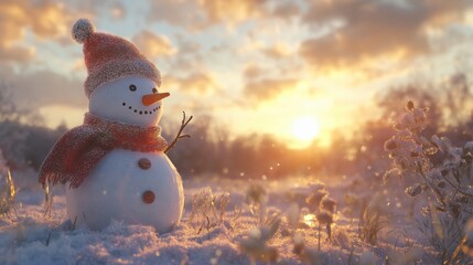 Fototapeta premium Snowman in sunset snowy landscape