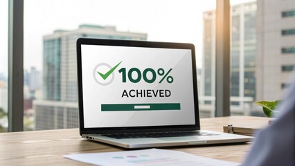 A digital screen displaying a financial goal tracker hitting the 100% Achieved mark.