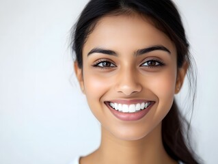 Close up photo portrait of a beautiful young asian indian model woman with clean teeth on white background