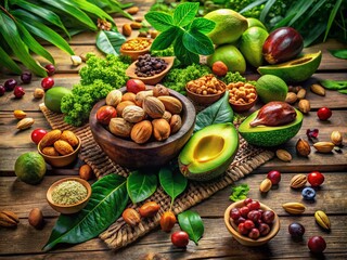 A Rustic Wooden Table Displaying Various Nuts and a Half-Eaten Avocado Surrounded by Lush Green Leafy Plants in a Serene Natural Setting