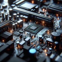 A close-up of a computer motherboard, highlighting its intricate circuitry.