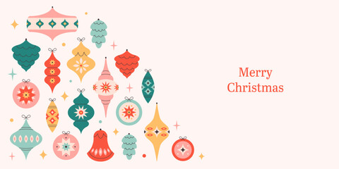 Merry Christmas background with Christmas tree toys collection. Colorful bright Christmas balls. Winter holiday background for congratulations. Vector illustration in flat style