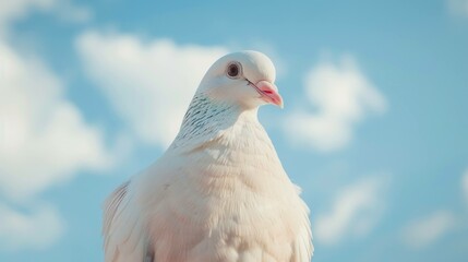 Fototapeta premium Beautiful white dove perched against a clear blue sky, representing peace and tranquility, with soft clouds in the background enhancing the serene atmosphere.