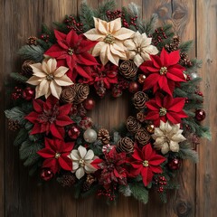 Festive holiday wreath adorned with red and white poinsettias, pine cones, and ornaments on rustic wooden background, perfect for Christmas decor