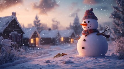 Fototapeta premium Creative seasonal snowman with a carrot nose, unique decorations, and a snowy backdrop featuring cozy cottages and icicle-covered rooftops under the soft light of dawn