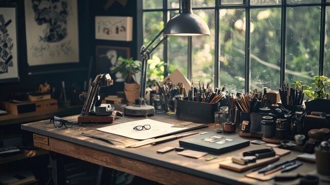 Close up of a craftsperson's workbench, showing various tools and supplies.