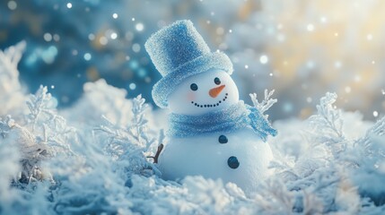 Obraz premium Frosty snowman design with abstract creative features blending icy blues and whites set in a dreamy snow-laden landscape artistic and serene winter vibe