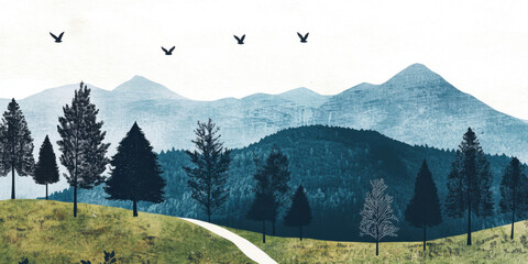 A Beautiful and Serene Mountain Landscape Enveloped by a Lush Forest, with Birds Flying Gracefully