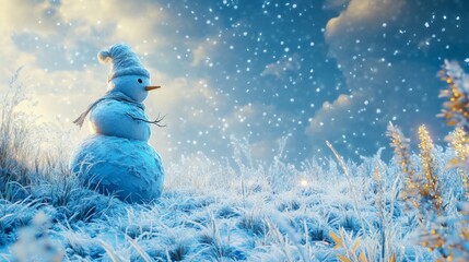 Artistic snowman with frosty textures and glowing accents innovative design in a serene snow-covered meadow creative and enchanting winter wonderland