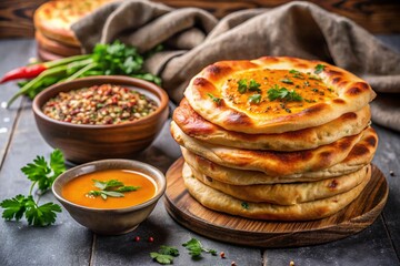 A Stack of Traditional Turkish Bazlama Bread with Two Bowls of Hearty Soup on a Grey Napkin, Perfect for Culinary Photography and Food Styling Inspiration