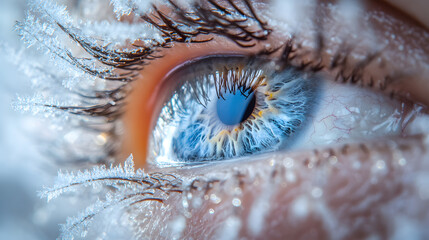 A crystalline blue eye with faint streaks of white resembling icy frost patterns.