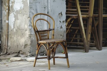 Rattan chair standing on sidewalk outside building with stacked chairs in background