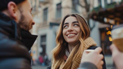 Happy young woman on a date with a handsome man at an outdoor cafe