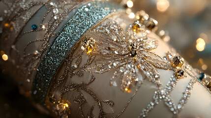 A close-up of a decorated Christmas cracker with ribbons and sparkling details.