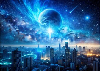 Obraz premium A Stunning Big Blue Glowing Impact in Space Captured During an Urban Exploration Adventure, Showcasing the Fusion of Nature and Technology in a Cosmic Landscape