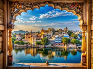 A Stunning Window Framing the Enchanting Cityscape of Udaipur, Showcasing Majestic Palaces, Serene Lakes, and Vibrant Markets Under a Clear Blue Sky