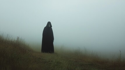 Grim Reaper standing in Foggy Landscape halloween. 