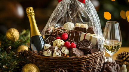A festive gift basket filled with chocolates wine and gourmet treats wrapped in clear cellophane.