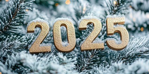 The golden figures 2025 made of candles on a black stone slate background are decorated