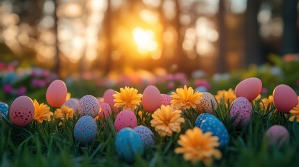 Easter celebration with colorful eggs and flowers outdoor garden photography spring close-up festivity