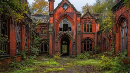 Obraz premium Abandoned Red Brick Building With Gothic Architecture Design