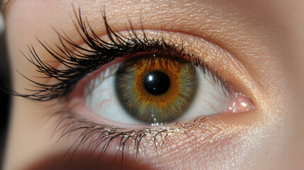 A golden hazel eye with warm sunlit flecks radiating from the pupil.