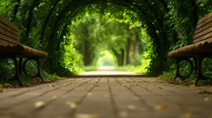 A path in a tunnel of bright green trees with benches on the sides. The leaves of the trees form a natural arch, merging with each other
