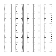 Vertical measurement scales with divisions. Realistic scale for measuring length or height in centimeters, millimeters or inches. Ruler, tape measure marks, size indicators. Vector illustration