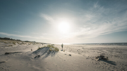 Two individuals strolling along a sandy beach close to the ocean waves