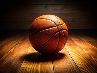 Obraz premium Basketball on Wooden Floor with Text Space for Marketing Use and Promotion of Sports Equipment, Featuring a Close-Up of the Ball for a Dynamic Product Photography Shot