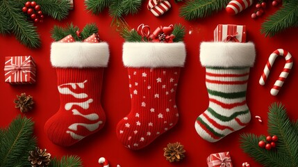 Festive Christmas Stockings and Candy Canes on Red Background