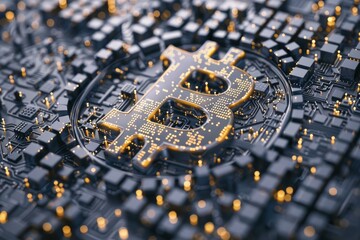 Bitcoin symbol glowing on a motherboard representing cryptocurrency and blockchain technology