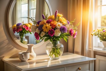Beautiful bouquet of flowers in a white vase on a modern beige dressing table with a round mirror, illuminated by morning sunlight creating soft shadows near a window.
