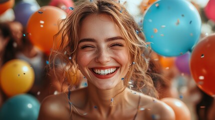 Obraz premium Joyful celebration of international day of happiness outdoor festival people laughing with balloons bright atmosphere