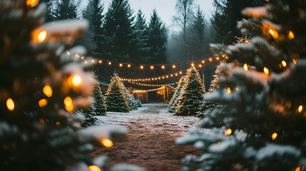 A magical Christmas tree farm with snow-dusted evergreens and string lights.