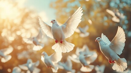 Fototapeta premium White doves flying in unity international day of peace nature photography serene environment uplifting concept