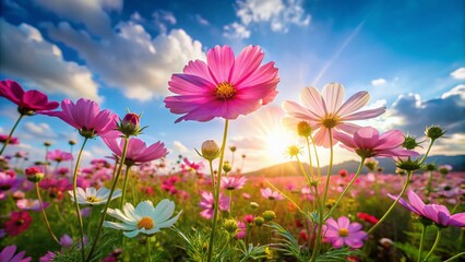Fototapeta premium Beautiful Outdoor Cosmos Flower Field Bathed in Sunlight, Perfect for Banners and Backgrounds, Showcasing Vibrant Colors and Nature’s Serenity in a Stunning Landscape