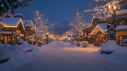 A magical street scene with buildings covered in Christmas lights and snow.