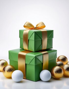 Golfing gift concept, green gift boxes with gold bows and golf balls, holiday image