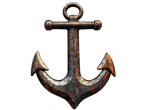old, weathered and rusty anchor cutout isolated on white, transparent png background