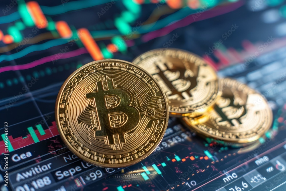 Poster bitcoin cryptocurrency coins are lying on a computer screen displaying graphs reflecting market vola