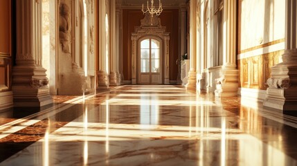 Fototapeta premium Sunlit Grandeur: A Palace Corridor's Elegant Marble Floor and Golden Accents
