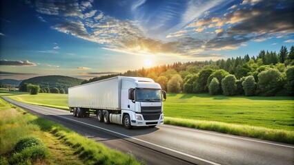 Big White Truck with Grey Trailer on a Countryside Road in Motion, Ideal for Text Overlay and Minimalist Photography Enthusiasts Capturing Scenic Transport Scenes