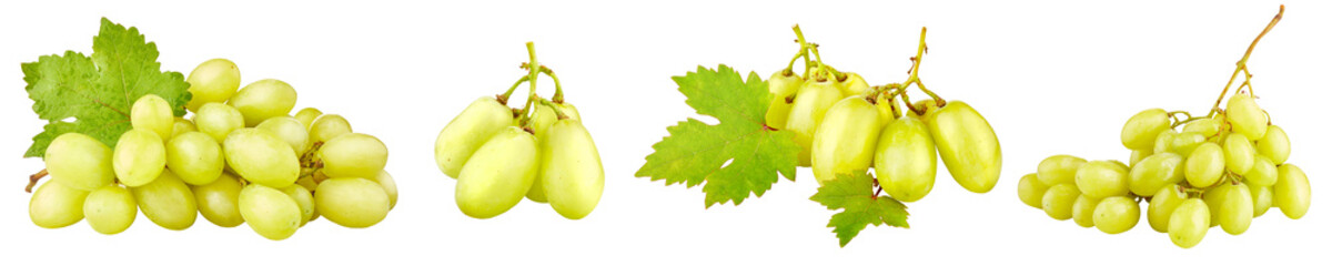 Collage mix set of Cluster ripe white grapes with green leaf. Yellow organic natural fruit isolated on background.