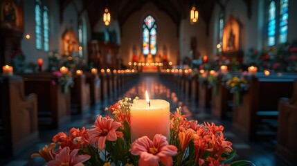 Candlelit reflection church interior spiritual event peaceful environment intimate viewpoint faith concept