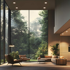 Highquality photorealistic image of a minimalist home with large windows showcasing a subtle view of nature outside The interior features clean lines min