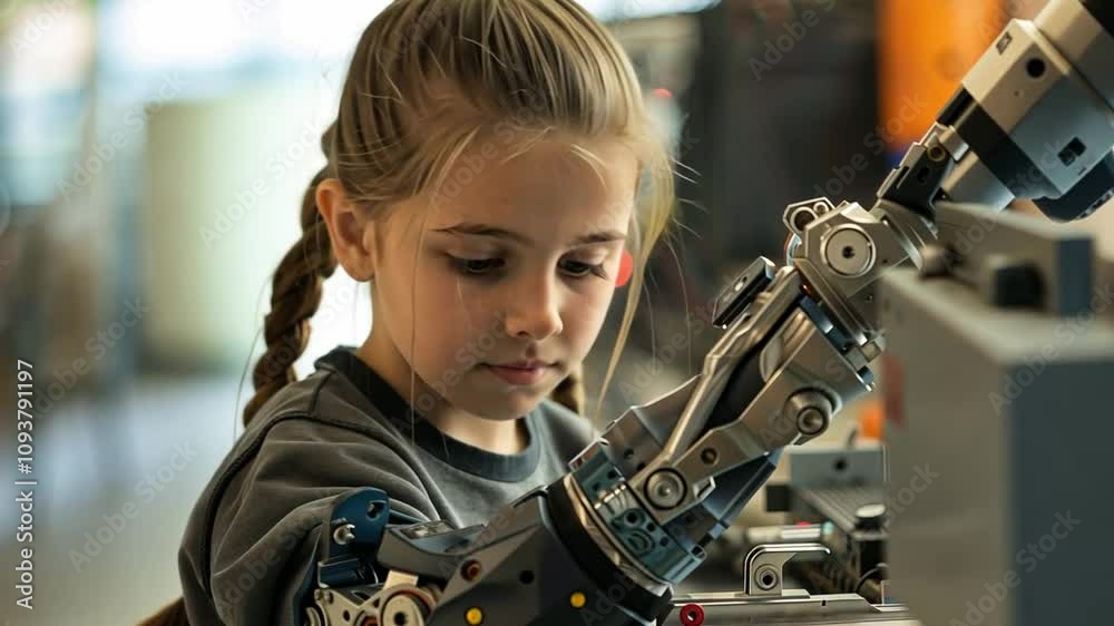 Poster A child intently explores a robotic arm in a technology lab, demonstrating interest in robotics and engineering. The environment fosters creativity and learning.