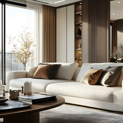 a cozy modern living room white fabric sofa MINOTTI modern minimalist Exquisite accessories high detail 8k