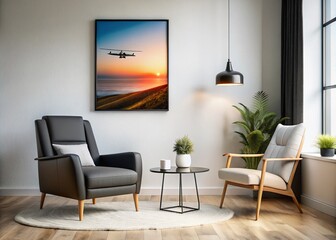 Black Poster Frame Mockup on White Wall Beside Cozy Armchair: Modern Interior Design Inspiration for Home Decor and Art Display Ideas